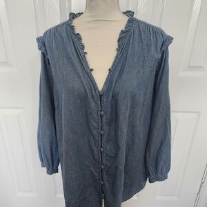 Lauren Conrad Size 1X 3/4 Sleeve V-neck Button Down Ruffled Blouse Blue